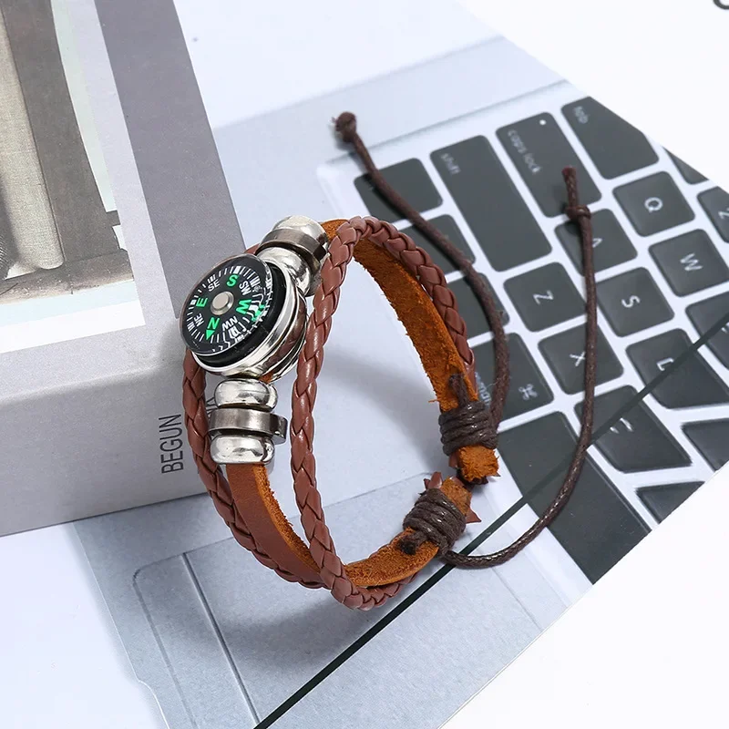 Beaded Cowhide Bracelet Multi-layer Woven Outdoor Mountaineering Camping Compass Leather Bracelet Hiking Gear