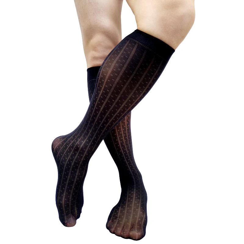 สีดํายาวเข่าสูงถุงเท้าบุรุษอย่างเป็นทางการชุดถุงน่องเซ็กซี่ชุดชั้นใน Dot ลายชายธุรกิจท่อถุงเท้าของขวัญ