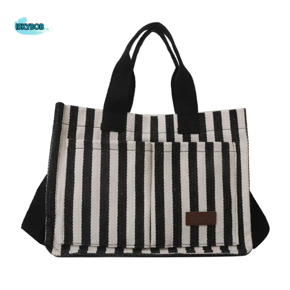

Temperament Large Capacity Stripe Canvas Tote Bag Korean Style Simple Shoulder Bag Portable Fashion Cloth Handbag All-match