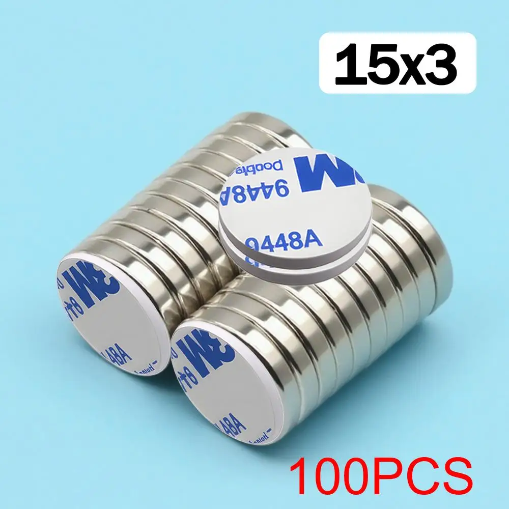 15 x 3 mm superstarker runder Neodym-Magnet mit doppelseitigem Klebeband. Magnet N35, stark, permanent magnetisch