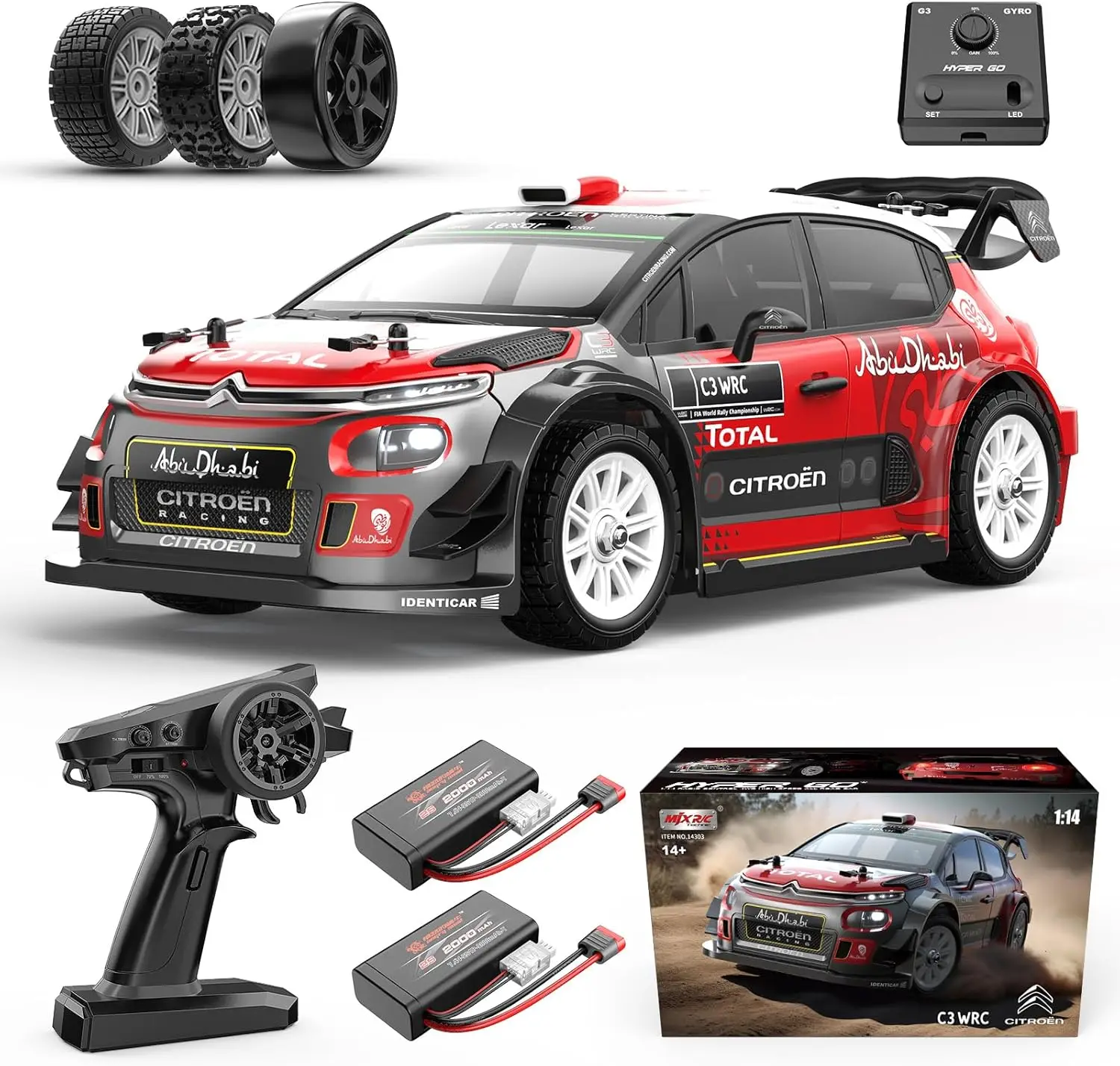 4WD Brushless RC Drift Car for Adults - 1/14 Scale Citroen C3 Rally Car with Gyro, Max 40mph, RTR High Speed Remote Control Car, 2×2000mAh Battery