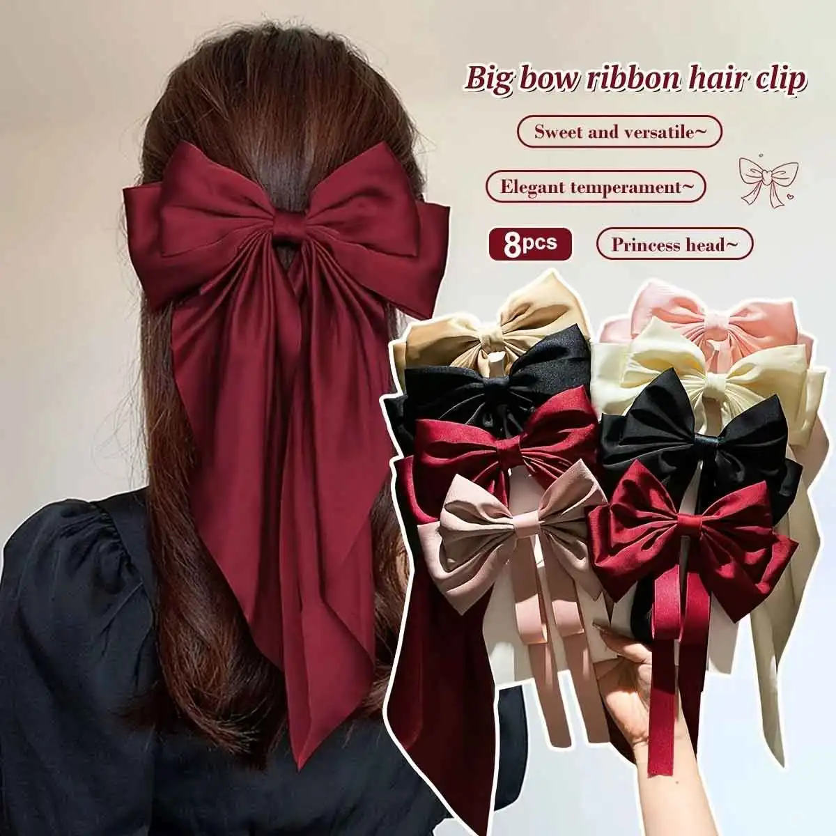 1/2/8szt Big Bow Ribbon Hairpin Elegant Large Satin Bow Hair Clipwomen Girl Black Pink Spring Clip Hair Pinretro Headband