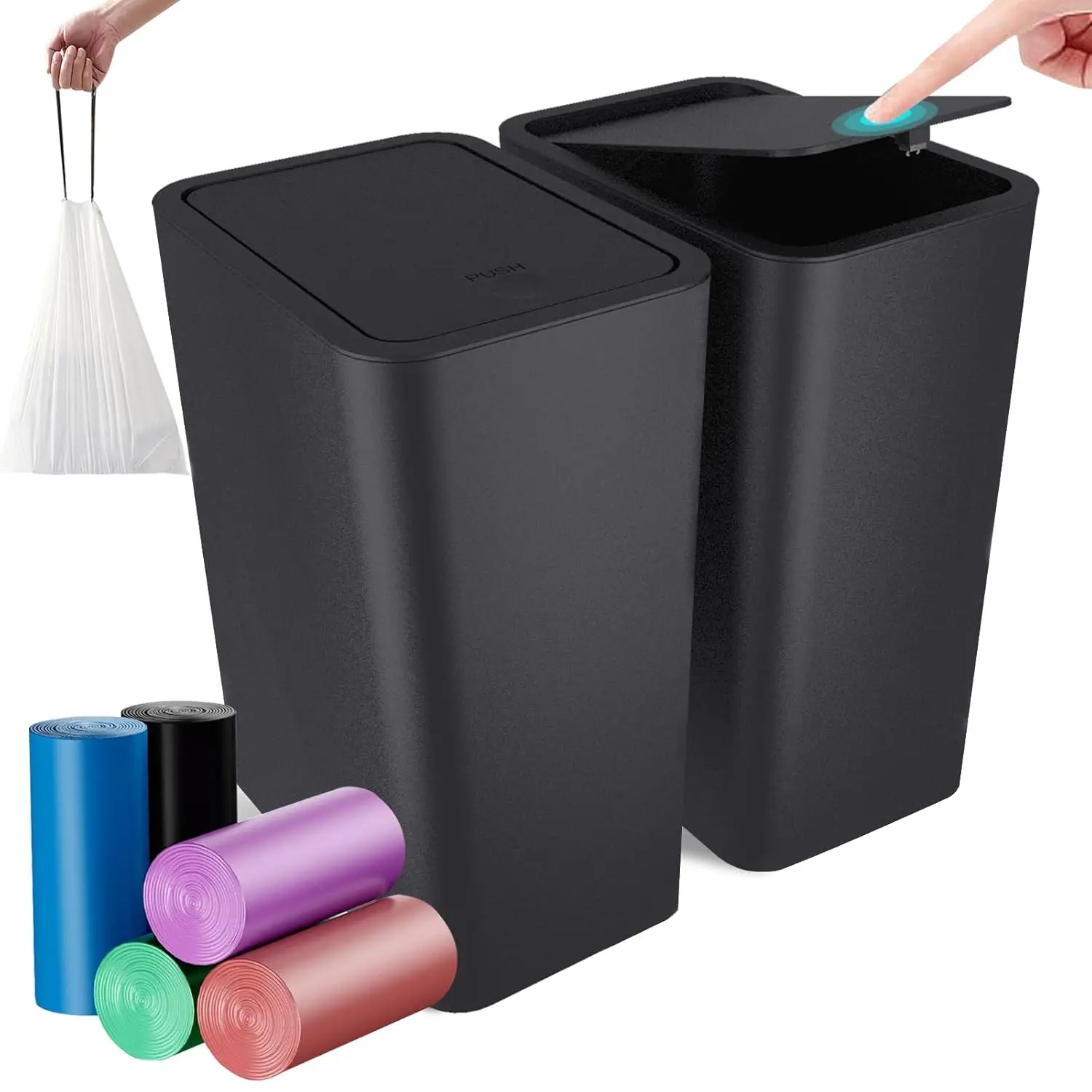 

2.65 Gallon Push-Style Trash Can with 75 Bags, Pet-Proof, Odor-Proof, Quiet Opening for Bedroom, Office, Bathroom
