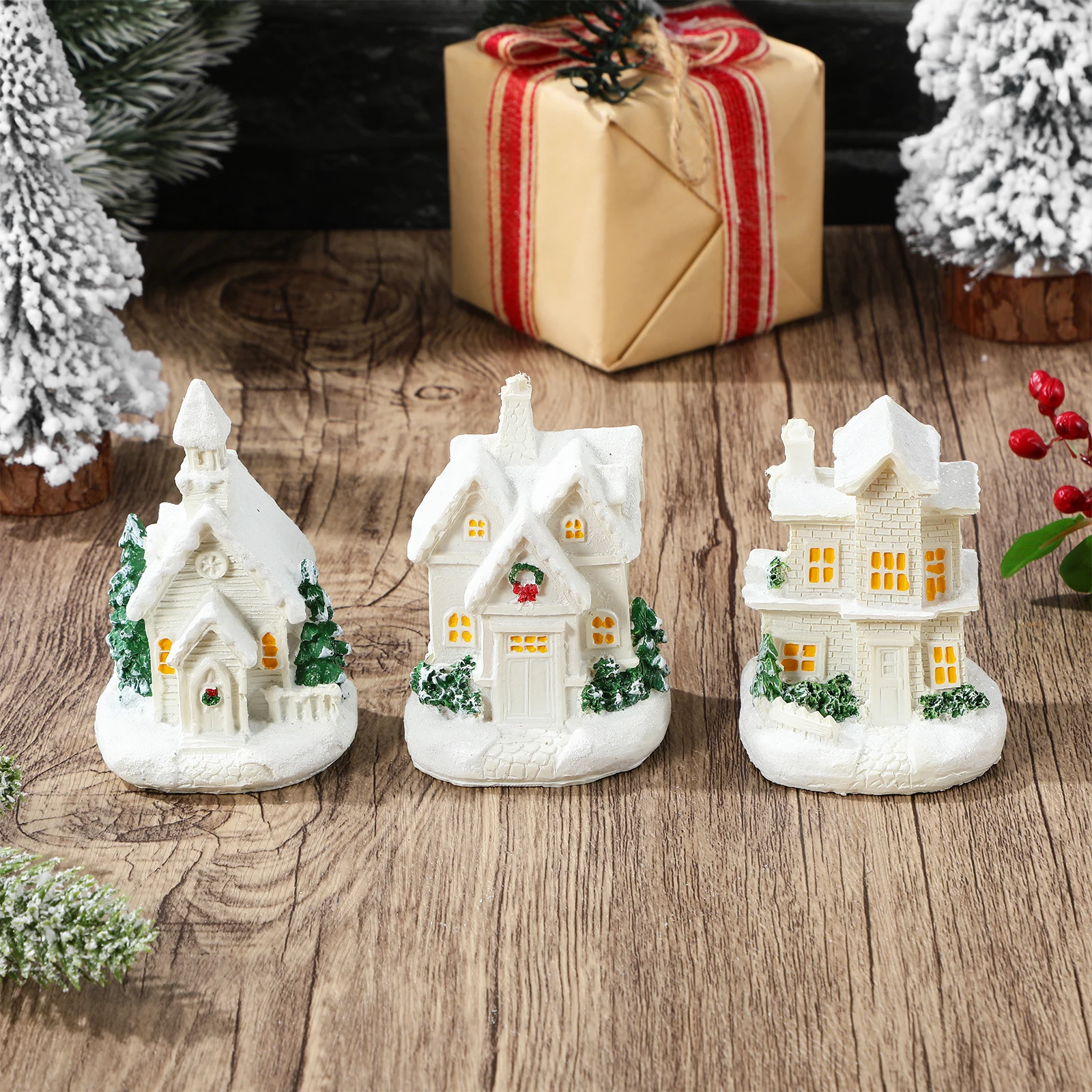 

3 Pcs Glowing Christmas House Lighted Village Houses Decor s Mini Miniature Kit Ceramic Decorate