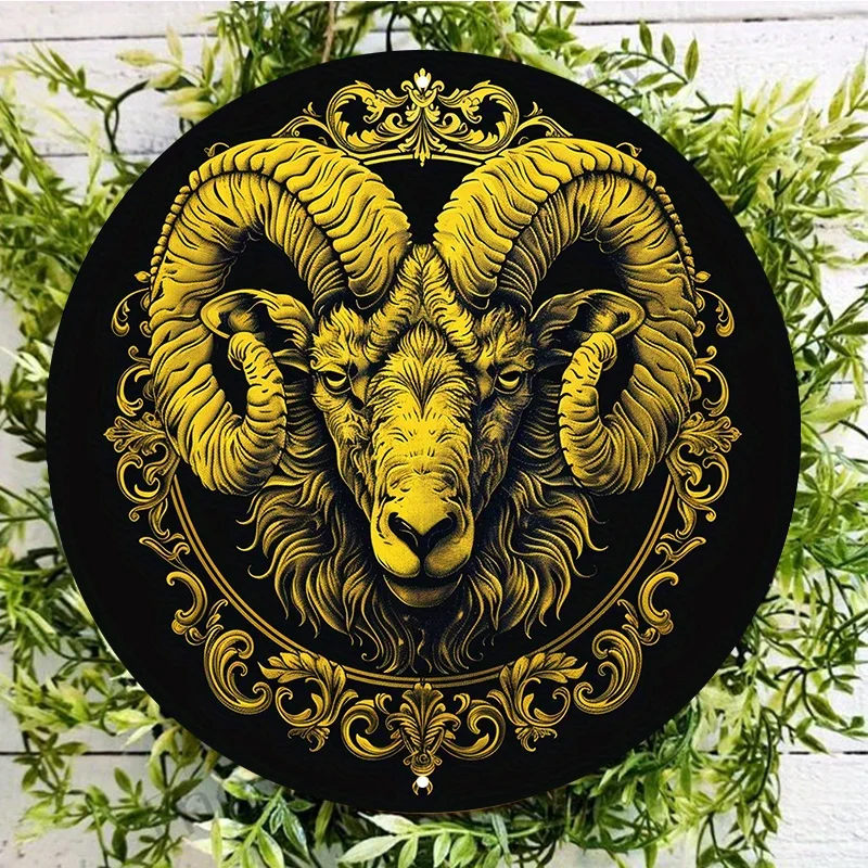 Aries Ram Round Metal Art Sign, Waterproof Aluminum Wall Decor, Pre-Drilled Holes, HD Print Quality, Weather Resistant