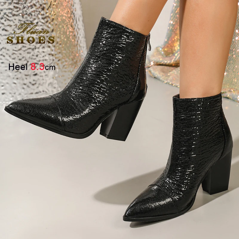 

2025 New Autumn Winter Women's Knight Boots Black Pointed Toe Thick High Heels 8.3cm Back Zipper Short Boots Fashion Dress Shoes