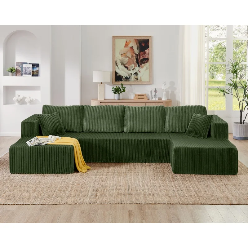 

No-Assembly Green Corduroy U-Shaped Sofa Minimalist Soft Foam Couch for Living Room Modern 5-Seat Large Indoor Modular Couches