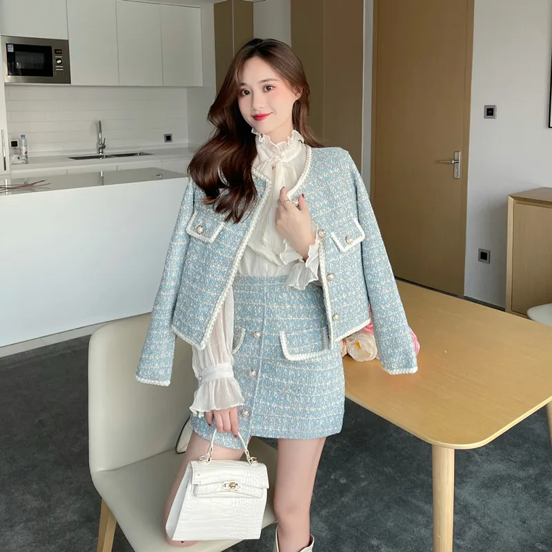Vallen Kleine Geur Vintage Tweed Tweedelige Set Vrouwen Wollen Korte Jas Jas + Mini Onregelmatige Rokken Sets Zoete 2 stuk Pakken