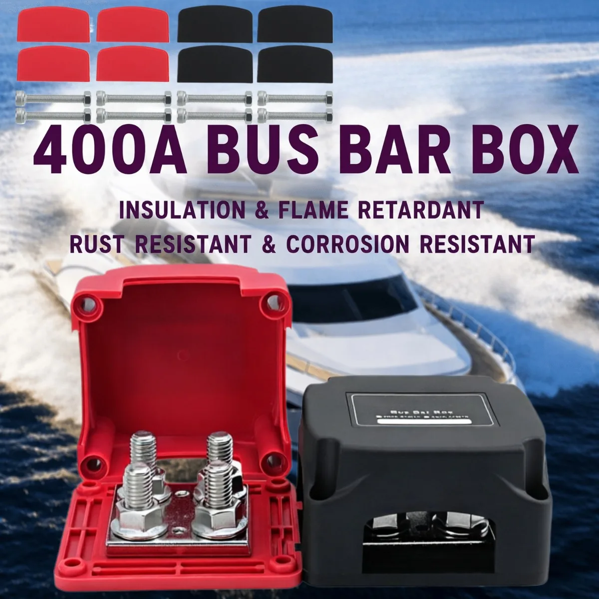 400A 48V Bus Bar Power Distribution Block Ground Busbar Box Tin Plated Copper M10*4 for Auto RV Marine Truck Boat