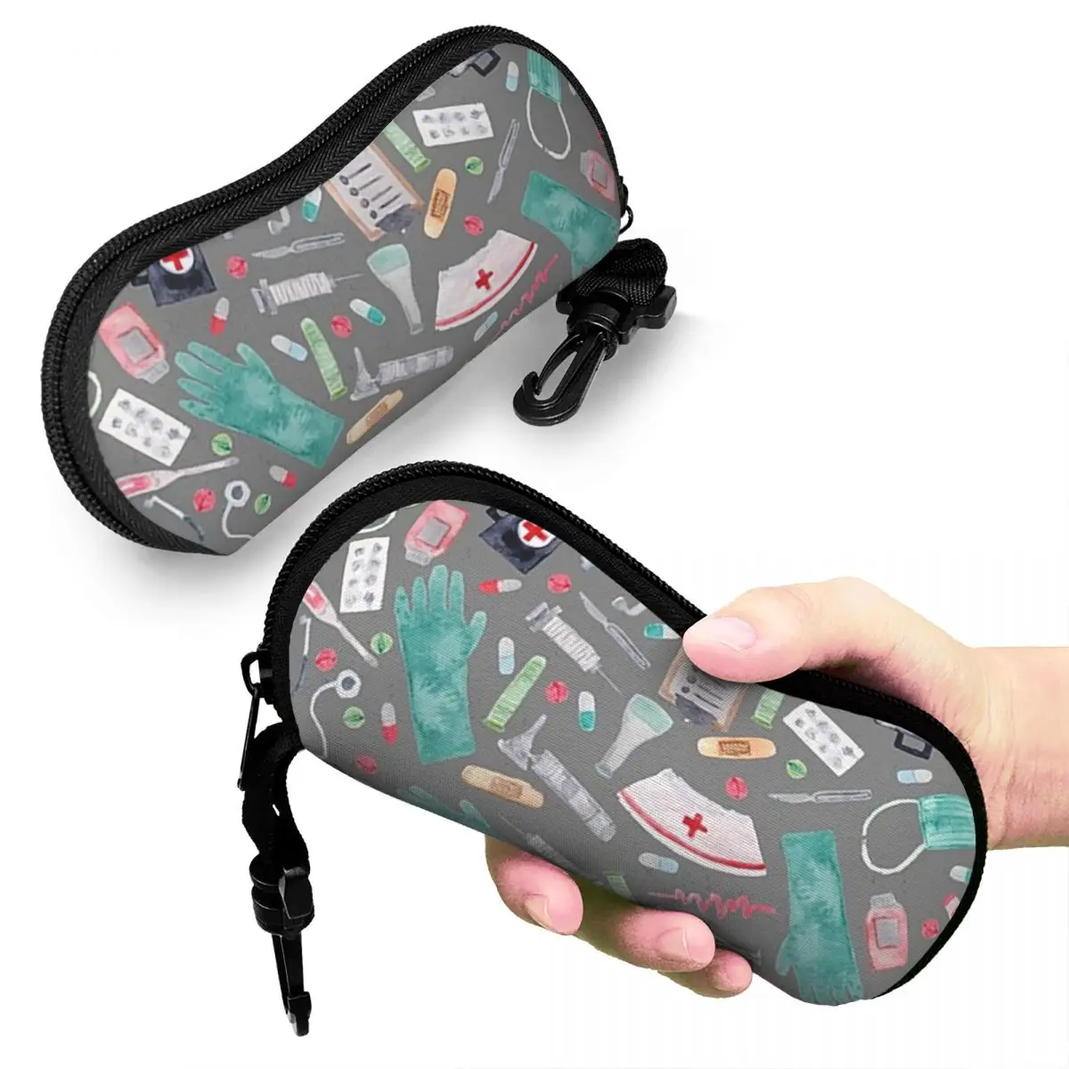 

Medical Pattern Doctor Nurse Watercolor Grey Texture Shell Glasses Case Sunglasses Box Women Men Soft Eyeglasses Bag Pouch