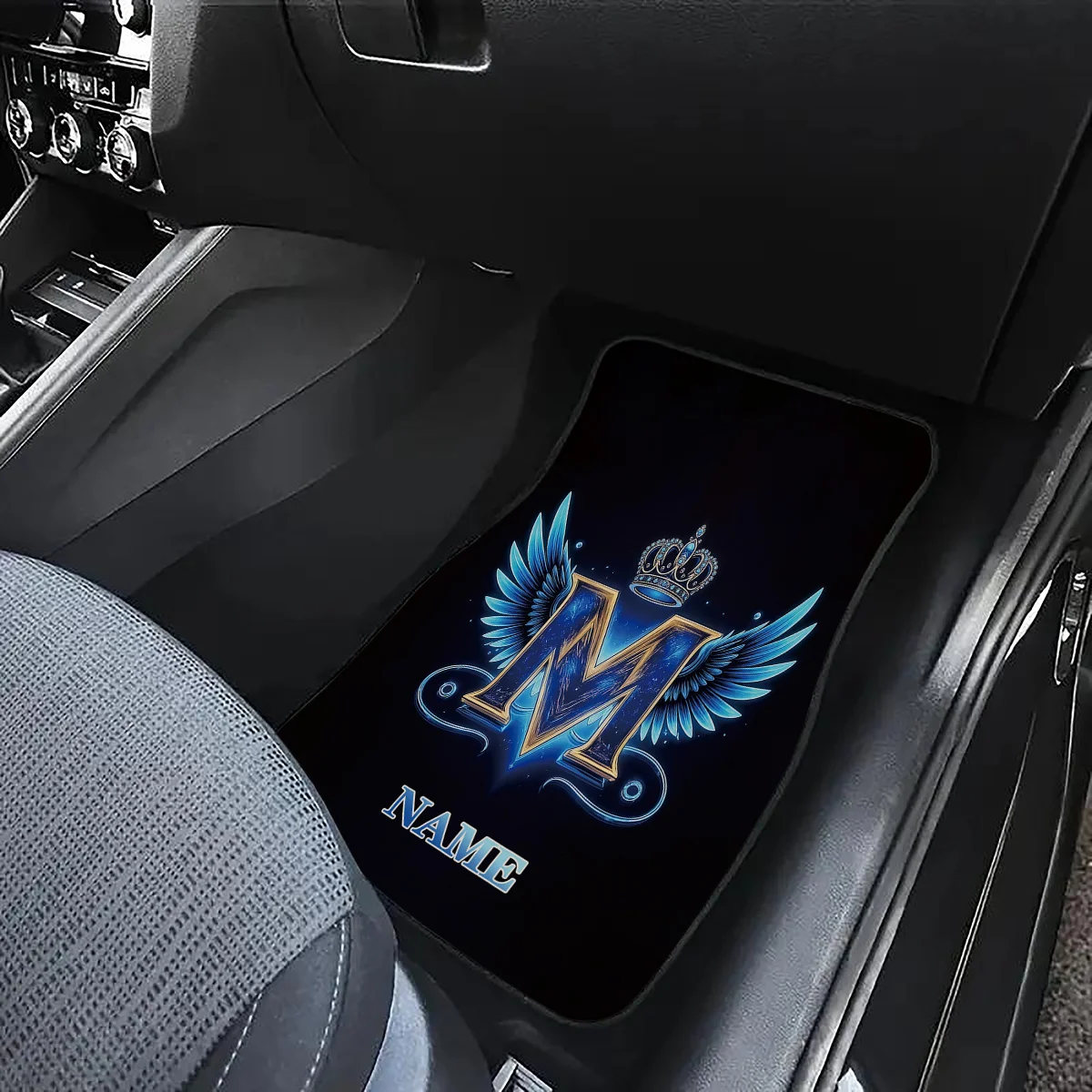 Set Of 4 Custom Name Car Floor Mats Featuring A Crown And Blue-Golden Wing Letter M, Personalized Print Design - Easy To Clean C
