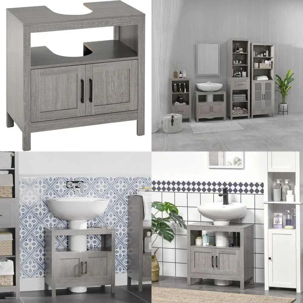

Gray Bathroom Storage Cabinet with 2 Doors and Open Shelf Under Sink Vanity