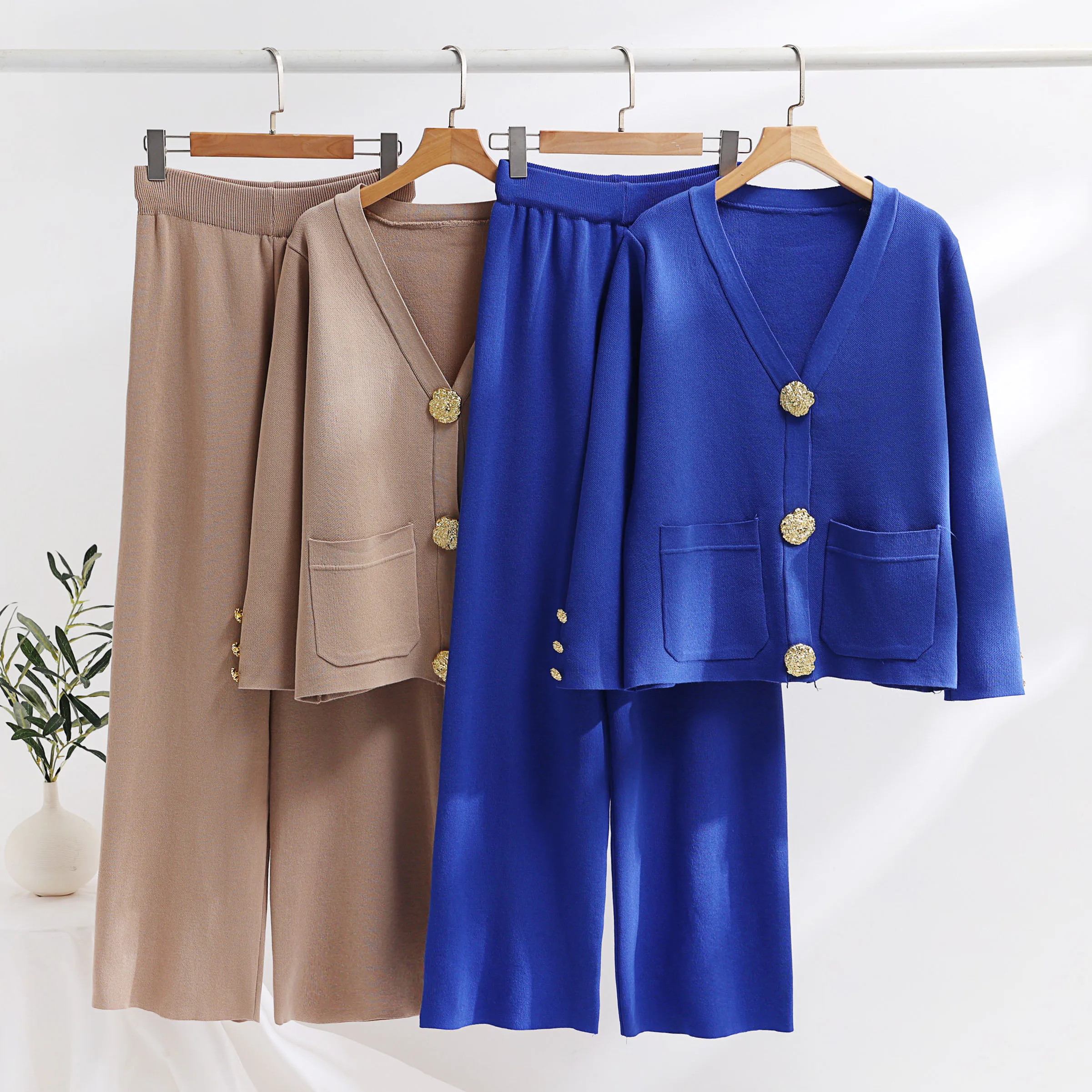 Women Design Cuff Color Contrast Big Gold Button Celebrity Single Breasted Sweater+Loose Wide Leg Trousers Women Two-piece Set