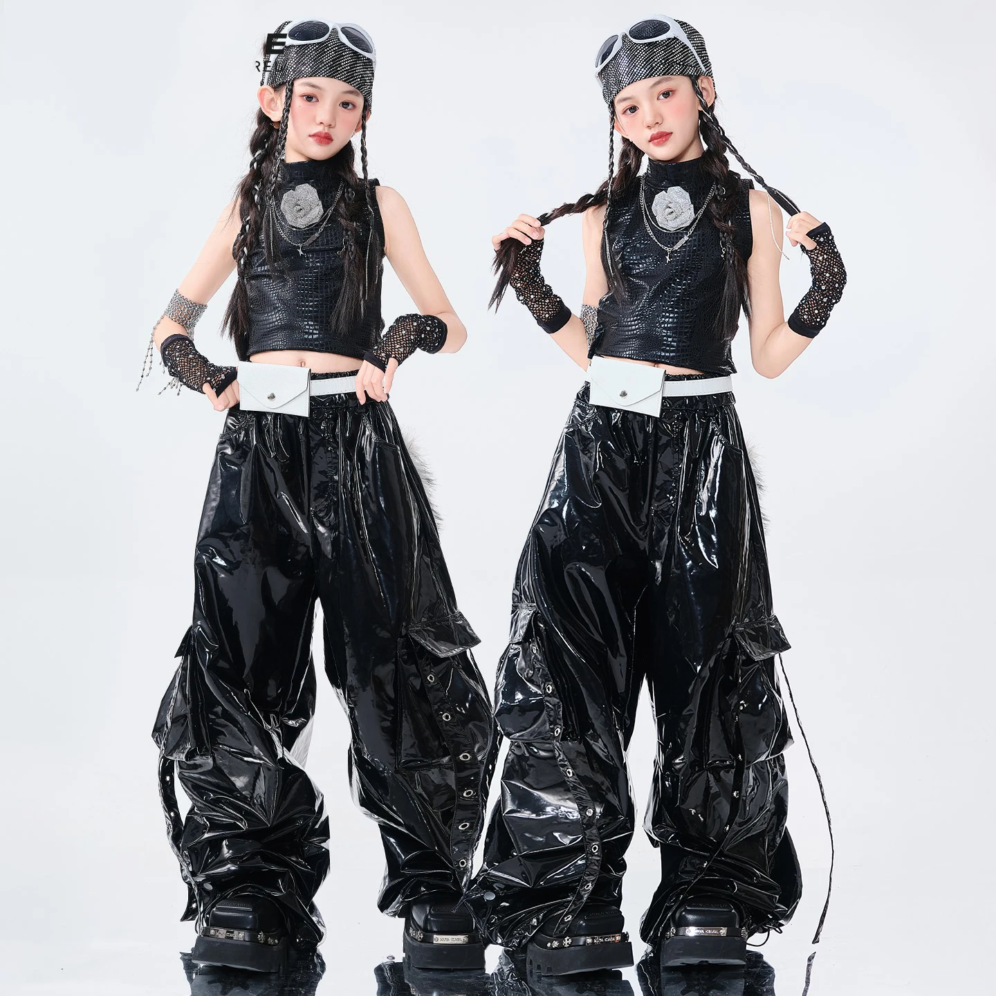 멋진 소녀 힙합 의류 블랙 민소매 탑 가죽 바지 재즈 공연 의상 그룹 Kpop 무대 댄스 착용 세트 BL16422