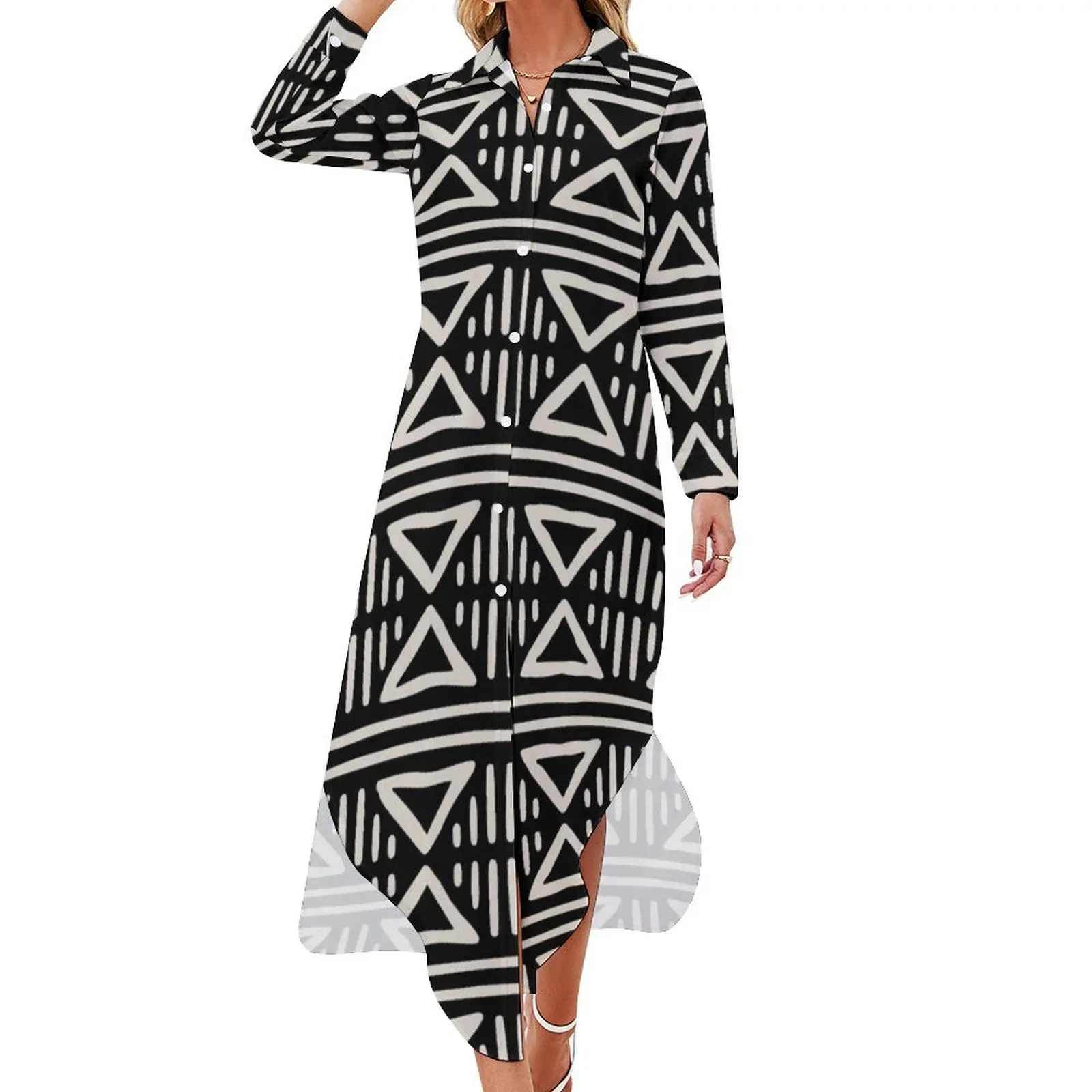 

Mudcloth Pattern 338 Long Sleeved Shirt Dress Beachwear long dress women summer elegant guest wedding dress