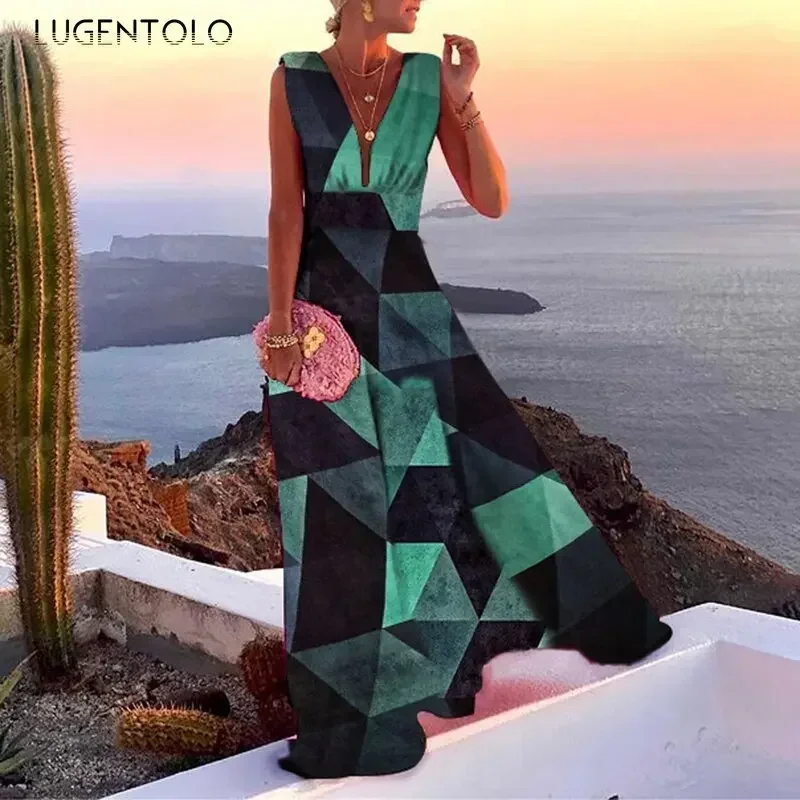 Women Elegant Temperament Dress Sleeveless Summer Thin Sexy Deep-v Neck Lady Empire Big Swing Party Maxi Clothing view 2