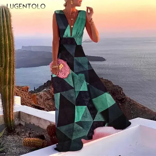 Imagen 2 del producto Vestido elegante con temperamento para mujer, sin mangas, fino, Sexy, con escote en V profundo, ropa Maxi de fiesta con vuelo grande imperio para mujer
