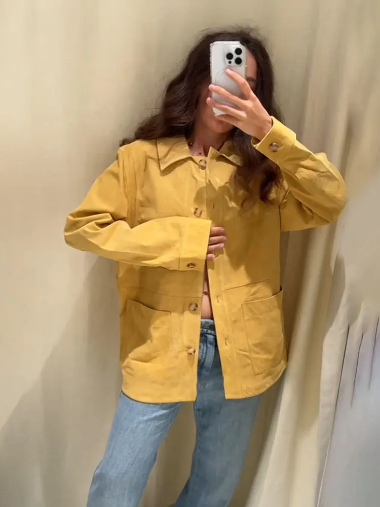 

HH Women's Fashion Pockets Coats Yellow Turn-Down Collar Single-Breasted Female Summer Casual Long Sleeve Loose Jackets