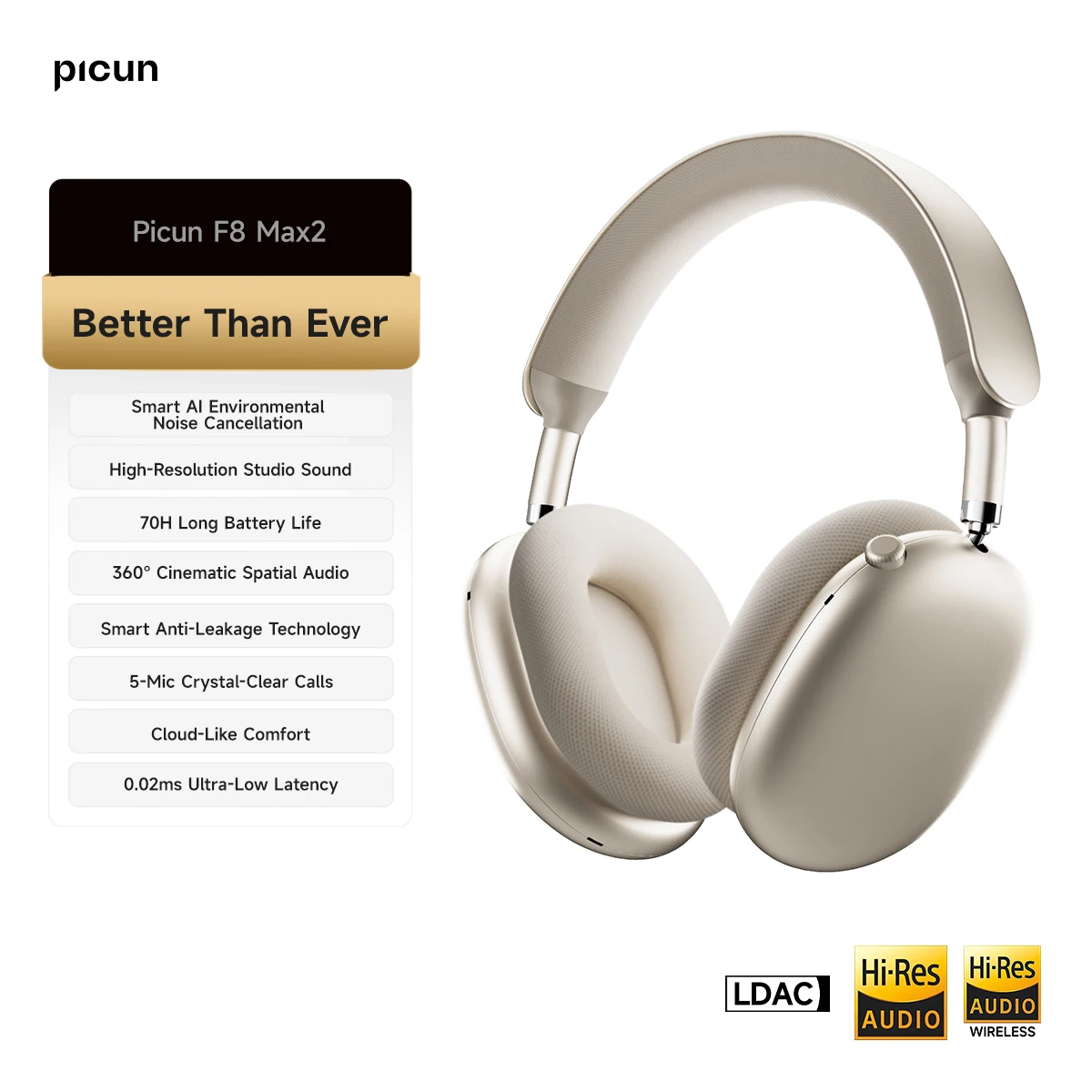 Picun F8MAX ANC Kabelloser Kopfhörer 56dB Hybrid Aktive Geräuschunterdrückung Räumlicher Klang Ohrhörer Bluetooth 6.0 Over-Ear-Headset 65 Std.