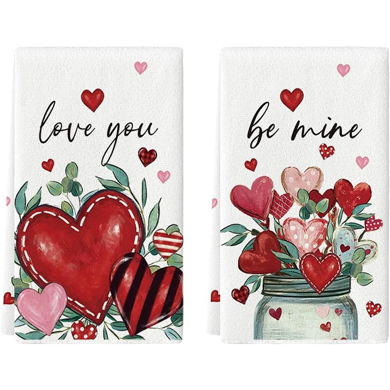 2Pcs, Valentine's Day Heart-Shaped Bouquet Kitchen Towels, 40Cm*60Cm Towel Set, Super Absorbent Soft Cleaning Cloth, Cooking and Baking Tea Towel, Hand Towel, Cleaning Cloth, Dishwashing Cloth, Kitchen Decoration, Living Room Decorations, Kitchen Essentials, Home Essentials