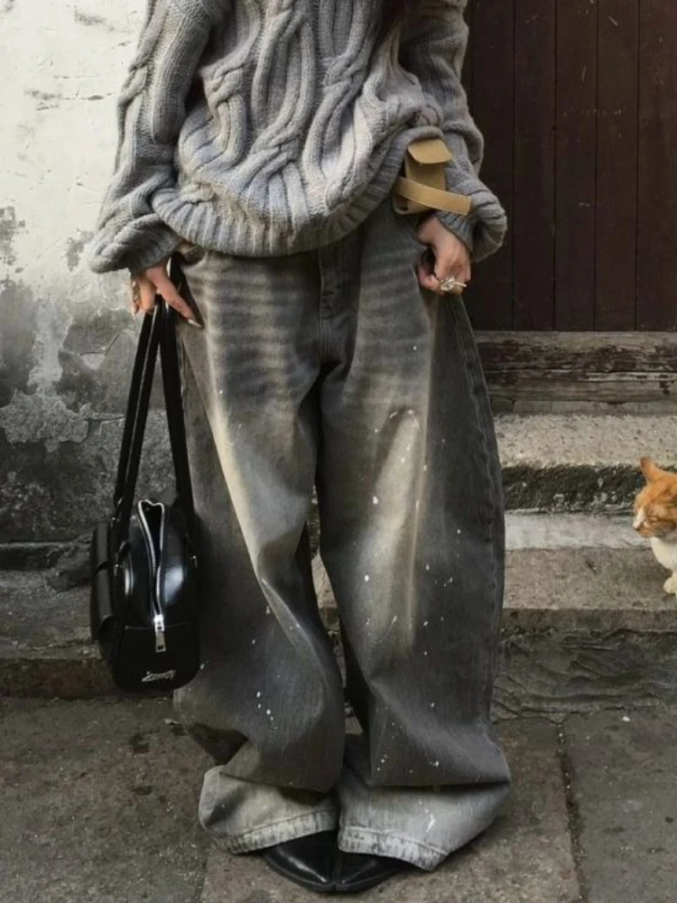 

Deeptown Vintage Wide Leg Jeans Women Washed Distressed High Waist American Style Denim Barrel-leg Trousers Baggy Hip Hop Casual