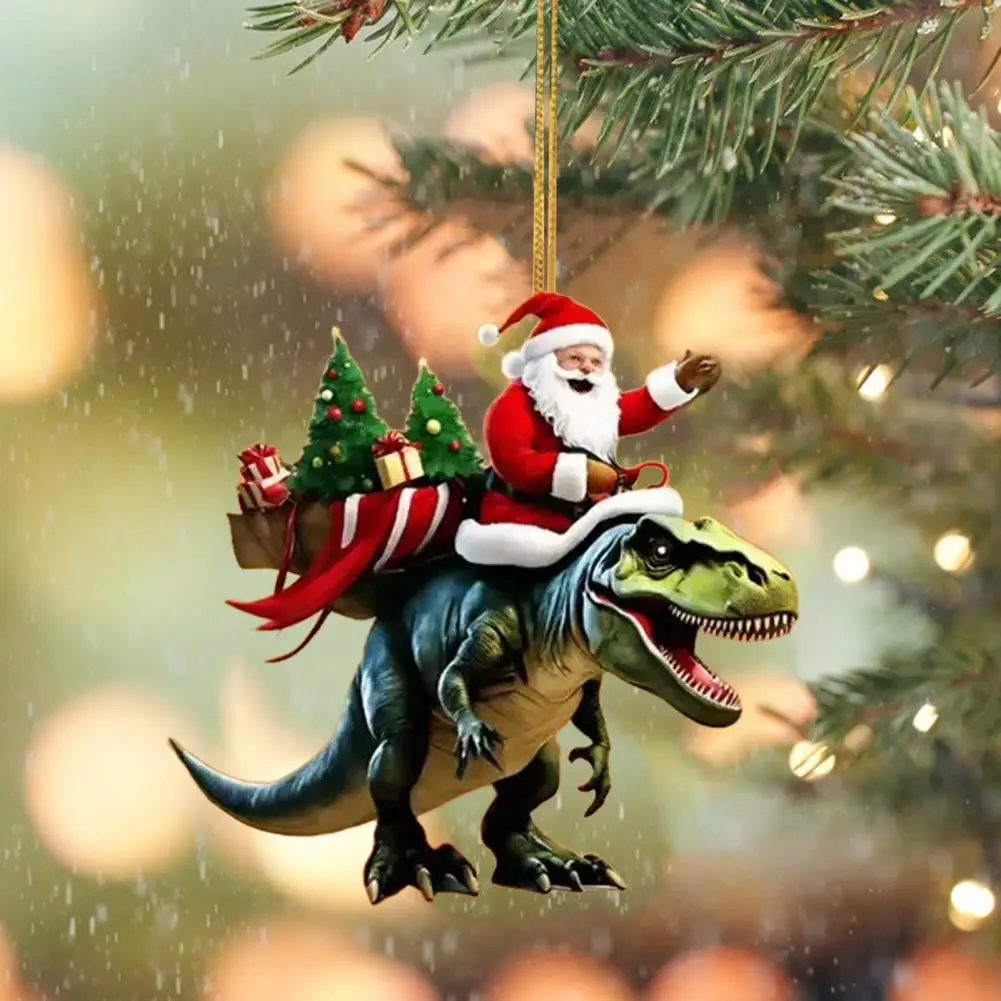 Christmas Pendant Santa Claus on Dinosaur Ornament 2D Flat Acrylic Hanging Decoration for Christmas Tree Mantel Decor