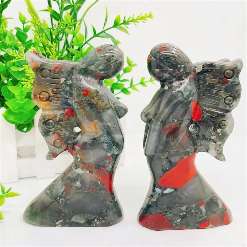 12.5cm Natural Blood Stone Butterfly Fairy Hand Carved Selenitum Animal Figurine Energy Crafts Home Decoration As Gift 1pcs