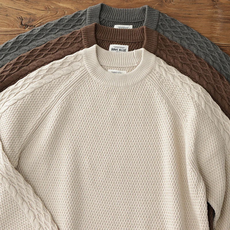 Vintage Men's Jacquard Knitwear Autumn Winter Casual O-Neck Simple Cozy Pullovers Solid Color Versatile Loose Youth Male Sweater