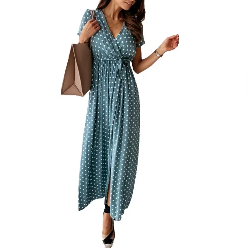 Fashion Women Dots Print Dress V Neck Short Sleeve Belt Front Slitting Hem Long Dress