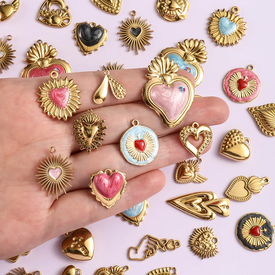 3pcs French Colorful Enamel Crown Heart Stainless Steel Pendant DIY Bracelet Charm Women Angel Wing Choker Pendant Love Jewelry