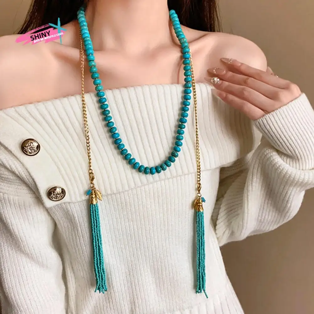 

Hanging Neck Long Turquoise Necklace Tassel Pendant Rice Beads Bohemian Waist Chain Turquoise Ethnic Style Sweater Chain Girls
