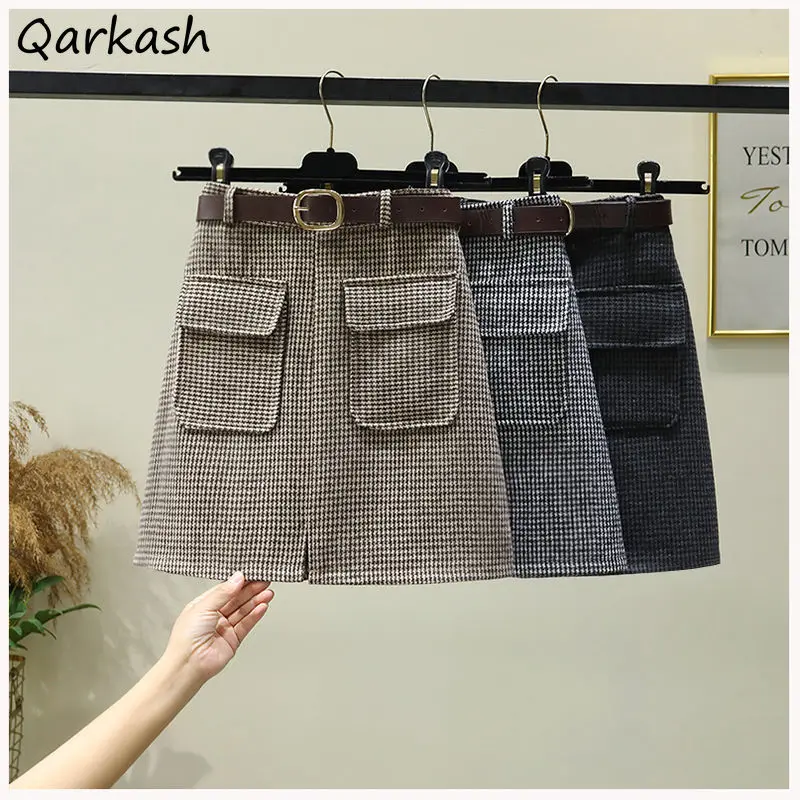 

Mini Skirts Women A-line Back-slit Plaid Daily New Woolen Winter Elegant Office Lady Designed Basic High Waist Pockets