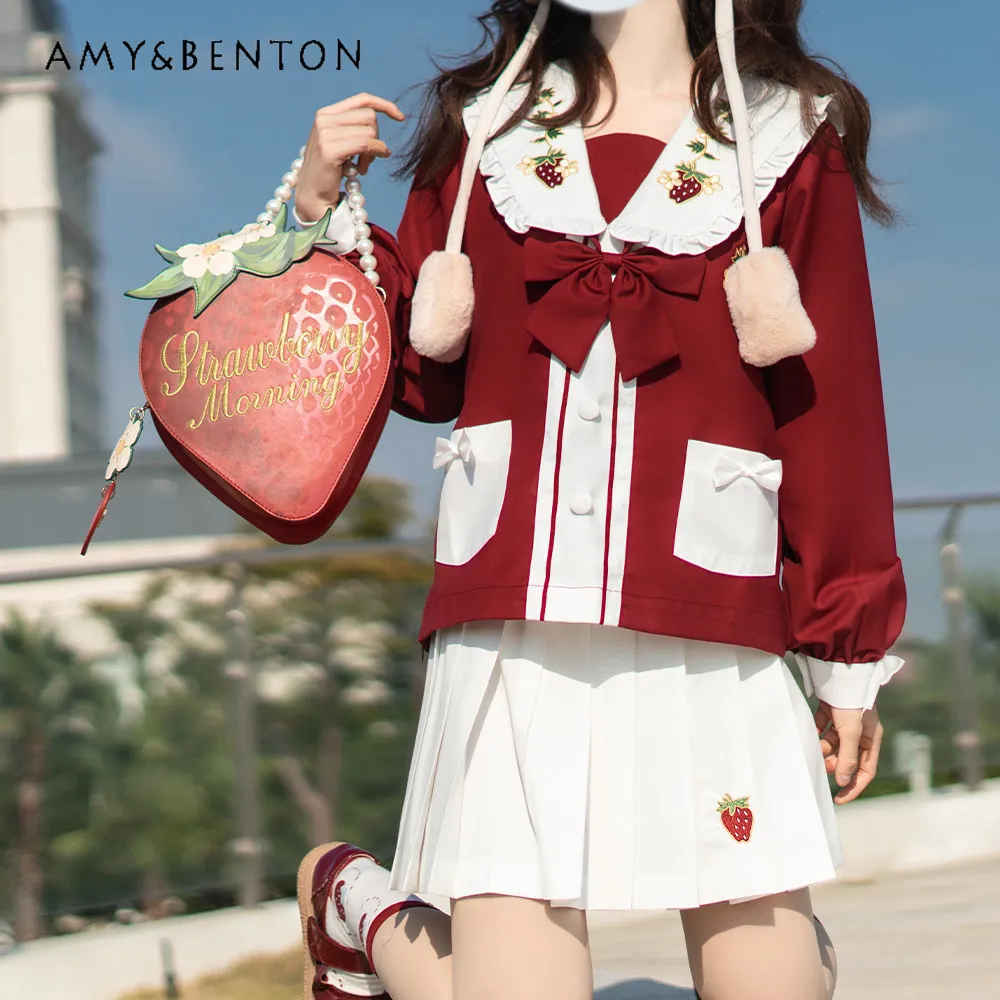 

Spring Summer New Cute Girl Red Strawberry Tree Embroidery Long Sleeve Top White Pleated Skirt JK Uniform Sailor Suit Set