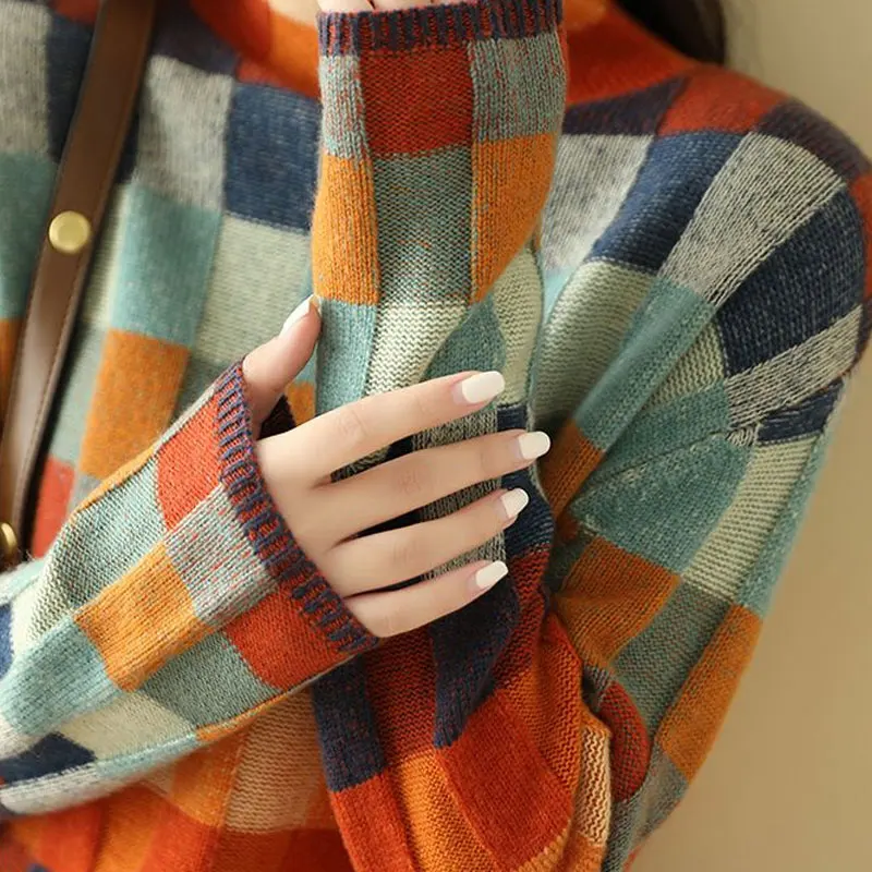 Suéteres de cuello alto a cuadros de colores contrastantes, ropa de calle informal, suelta, elegante, empalmado, coreano, hilo de tornillo, Otoño e