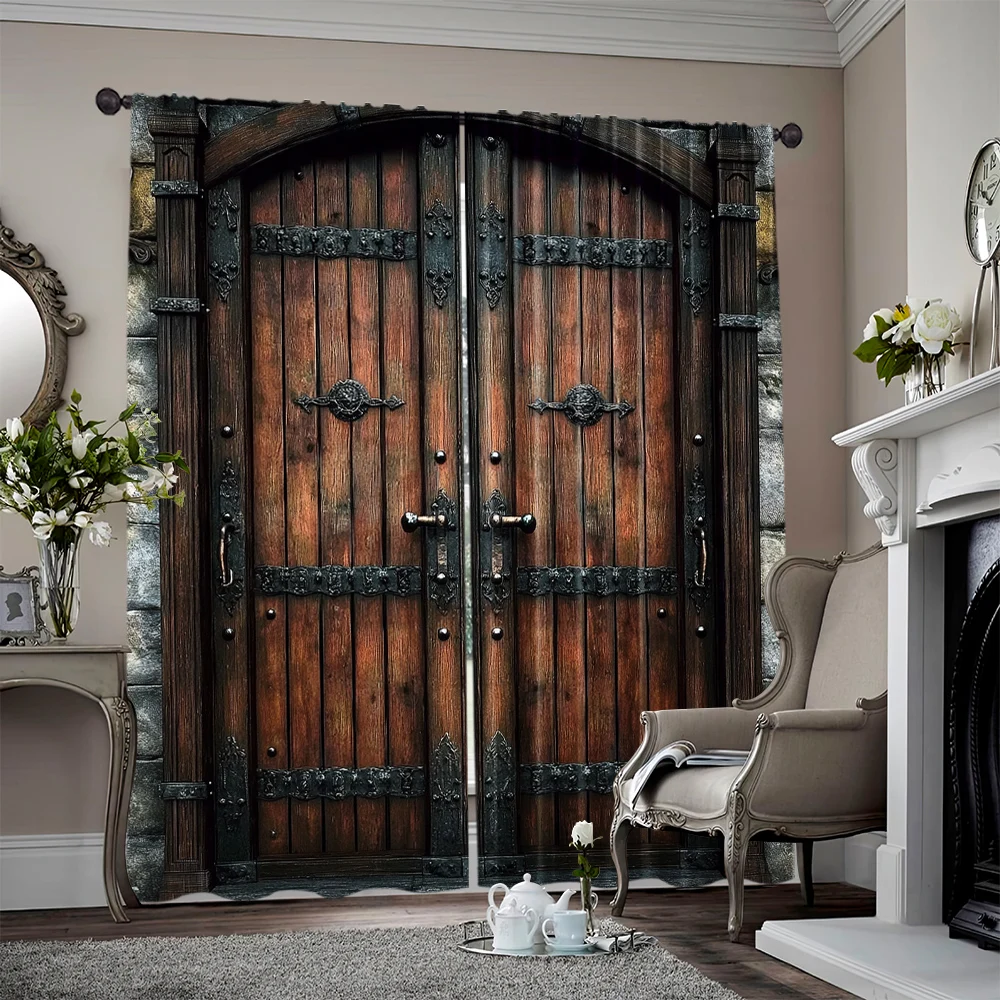 2pcs, spring summer Curtains Vintage iron wooden door print Light Filtering Sheer Curtains Versatile Fabric Decorations Inside