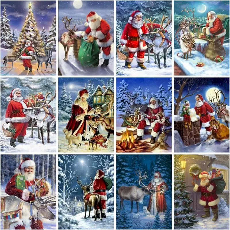 

GATYZTORY Oil Painting By Number Santa Claus And Elk Drawing On Canvas Gift Pictures By Numbers Kits Handpainted Art Home Decor