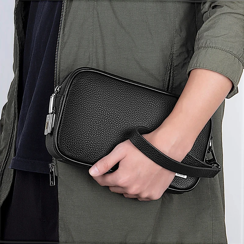 Genuine Leather Fingerprint Pouch Fashion Storage Bag for iPhone Cable Waterproof Organize Bag for Power Bank Gadgets