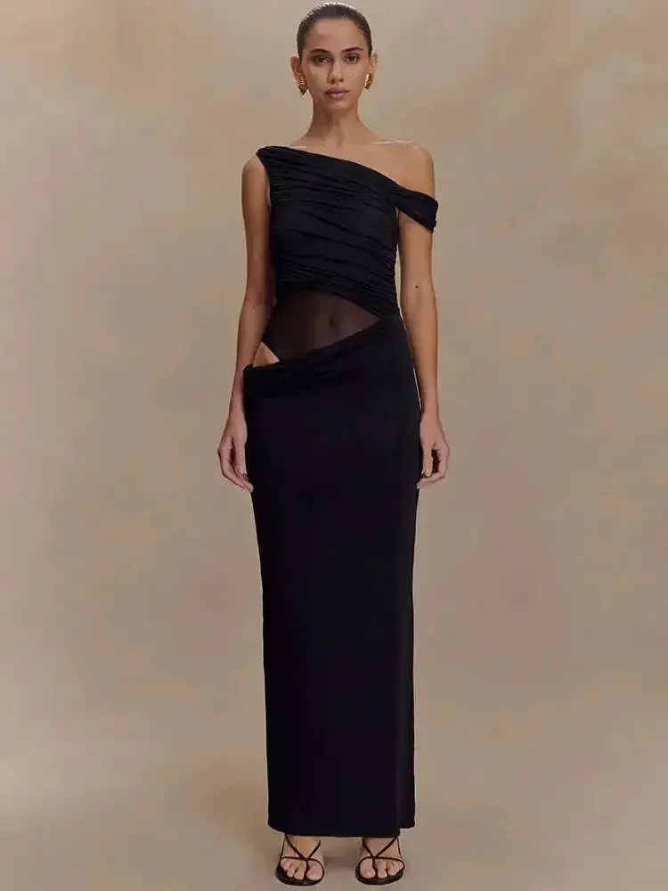 Um ombro slinky sexy maxi vestido feminino verão moda sem costas sem mangas split clube festa vestido longo elegante