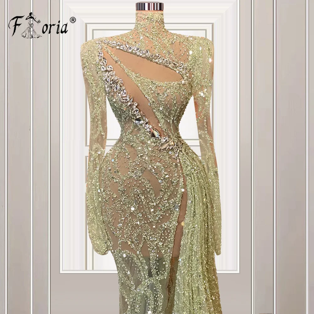 Sparkly Lovertjes Crystal Green Mermaid Avondjurk High Neck Slit Illusion Celebrity Party Jurken 2023 Robe De Soiree