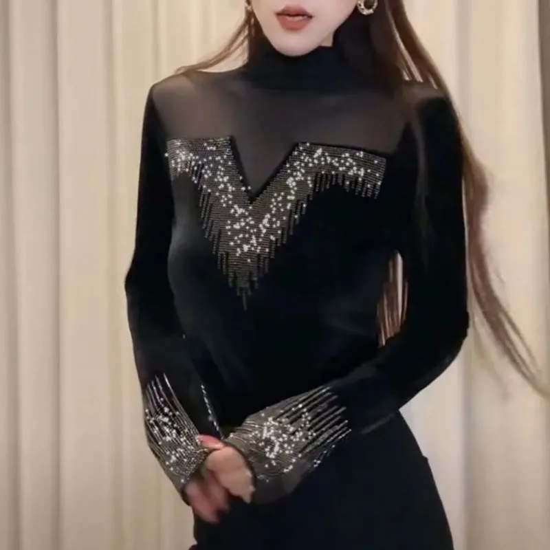 

Women's Clothing Half Turtleneck Velvet Splicing Mesh Sexy and Versatile T-shirt Base Layer