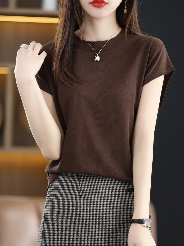 French Sle Ice Silk Knitted ort Sve T-irt Women's Summer Thin round Ne Svel Top oulder Drop T-irt Ladies...