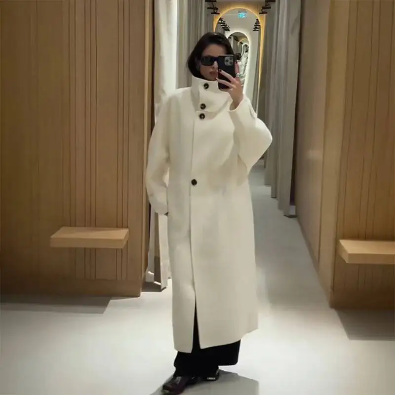 Loose Fit Long Woolen Coat Women's Autumn Winter New Style Mid-Length Stand Collar Casual Fashion Polyester Fiber Pure Color