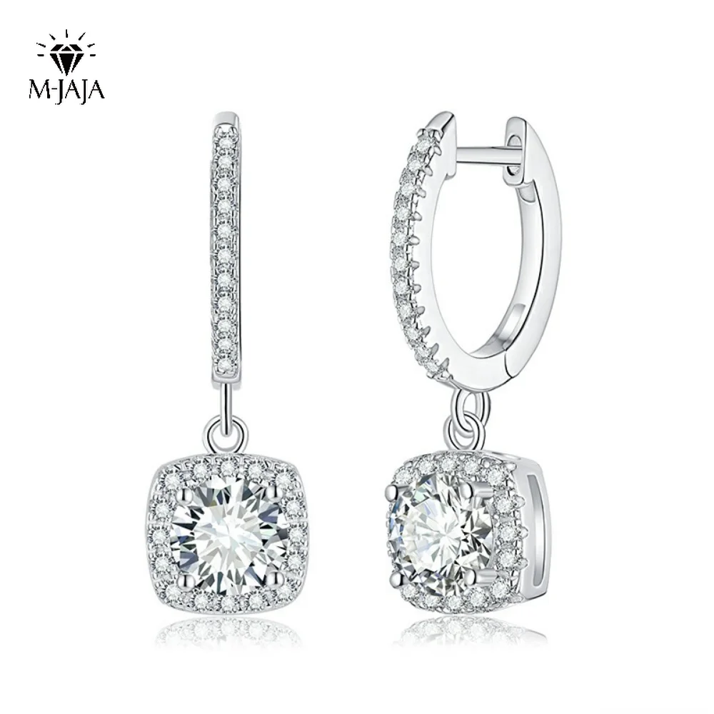 

M-JAJA 1/2ct Halo Moissanite Hoop Earrings for Women Gold Plated S925 Sterling Silver Square Pendant Earrings Party Fine Jewelry