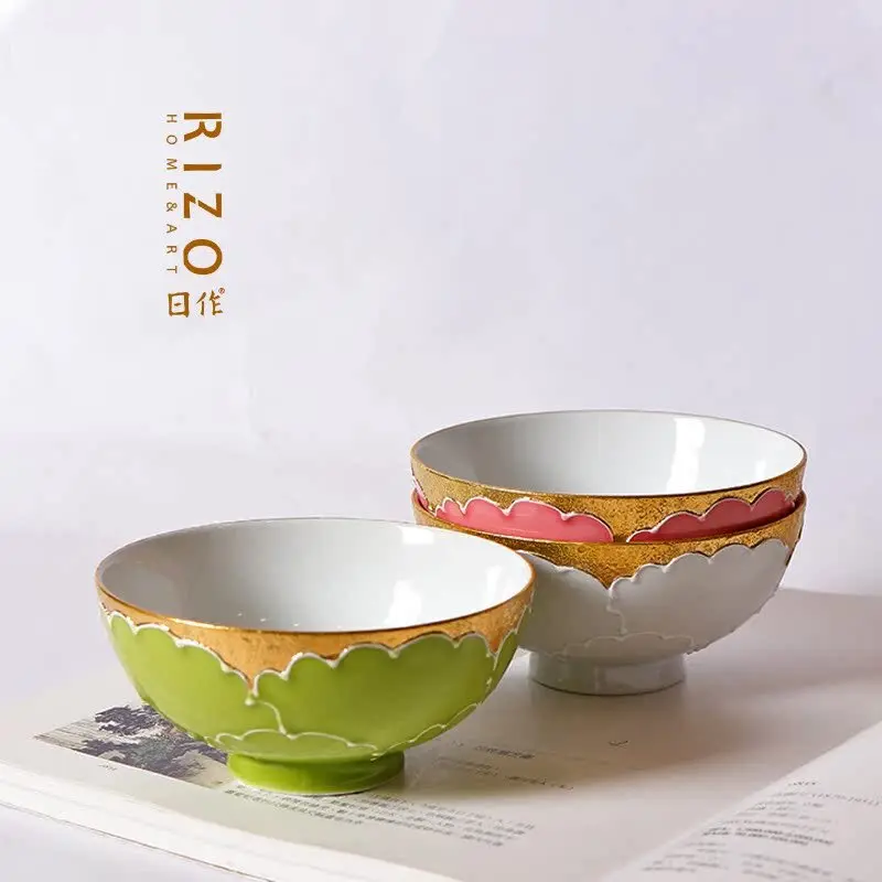 Japanese Arita Yaku Bunshan Kiln Hand-Painted Gold Border P Ceramic Soup Bowl Rice Household Small Noodle