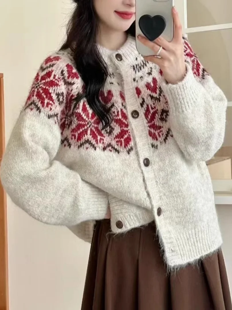 

Ретро японский Sle Thiened White Fair Isle открытый кардиган свитер женский осенне-зимний свободный вязаный топ