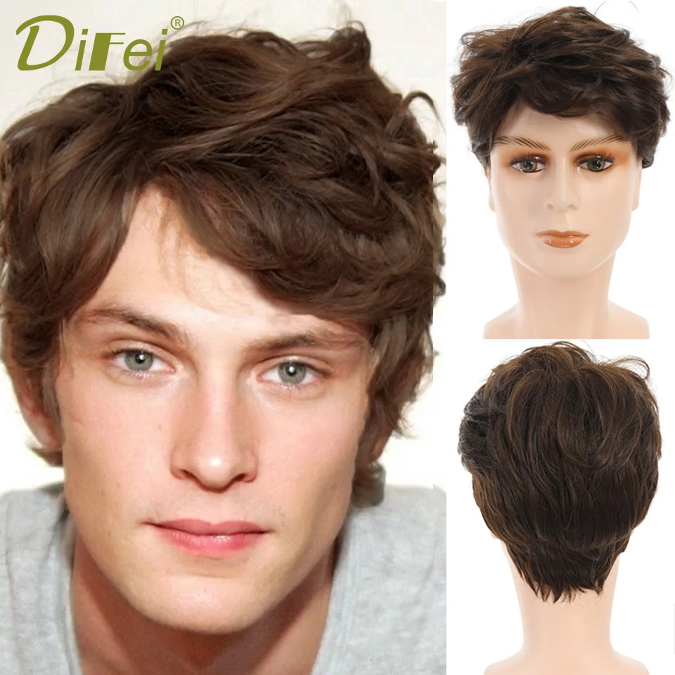 DIFEI Men's Synthetic Short Wig Short Headdress Men's Wig Cover Baldness Fluffy Chemical Fiber Headgear