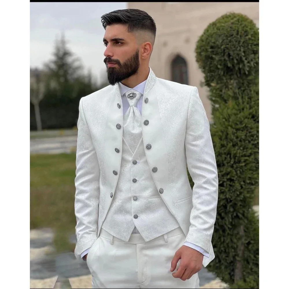 Luxury Black Jacquard Wedding Suits For Men Tuxedos 3 Pieces Male Groom Prom Blazers Sets Stand Collar Costume Homme Marrige