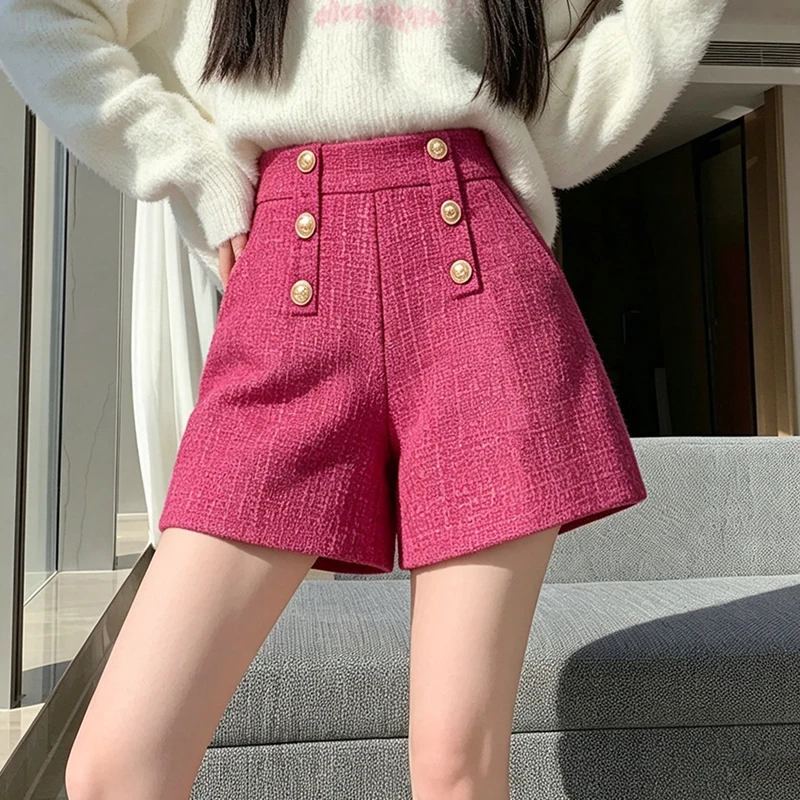 New Autumn Women's Fashion Woolen A-line Wide Leg Shorts High Quality Double Breasted Loose High Waisted Casual Pants