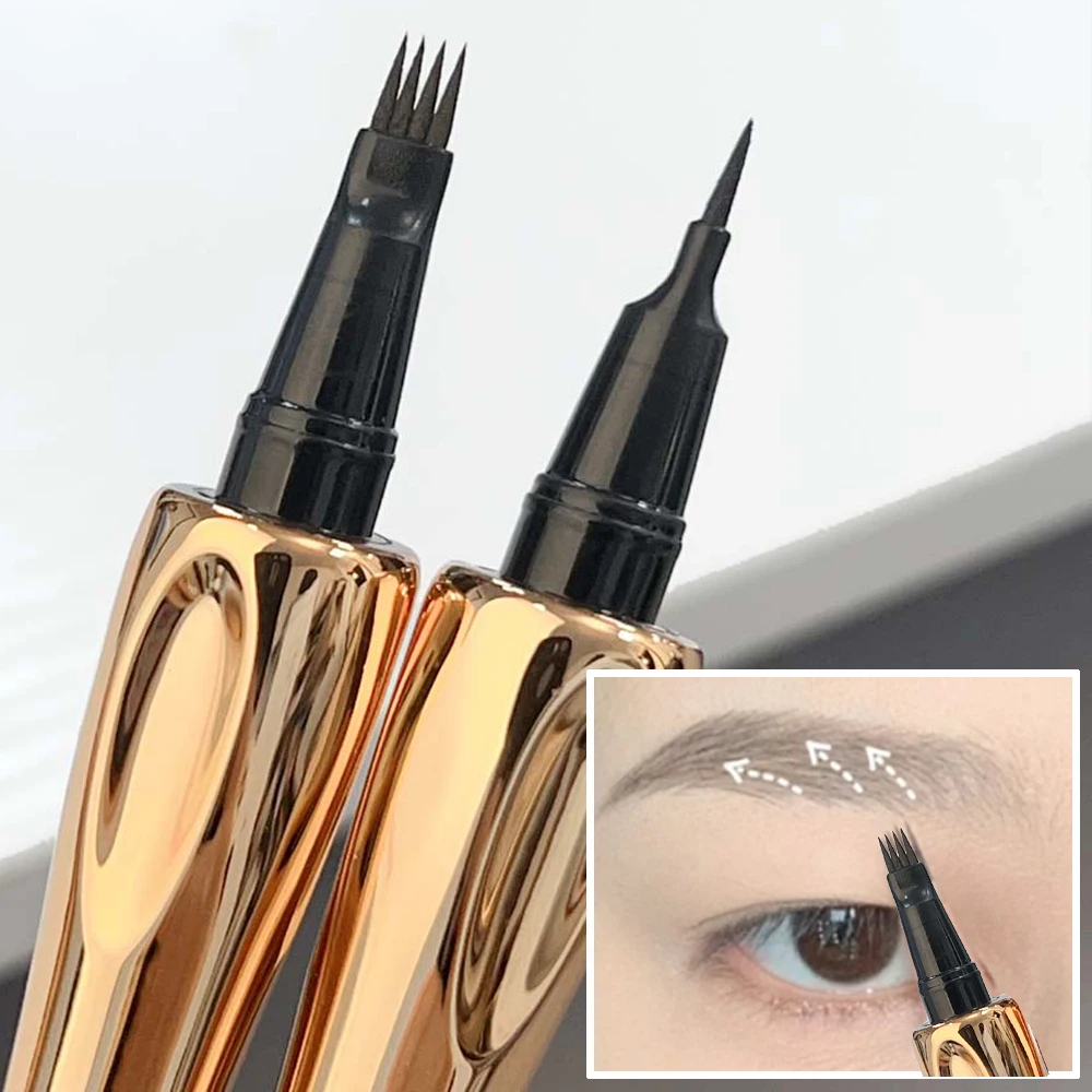 Dunkelbrauner 4-Punkt-Flüssigkeits-Augenbrauenstift, Microblading, langlebig, wasserdicht, Wild-Augenbrauen-Tattoo, unterer Wimpern, Eyeliner-Stift, Make-up