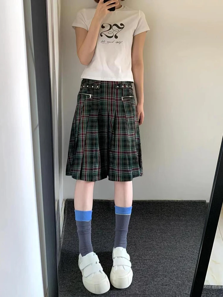 

High Waist Plaid Skirt Women's Summer Faion Bean Soup Soup/Dumpling Soup with Rivet Design Midi Skirt